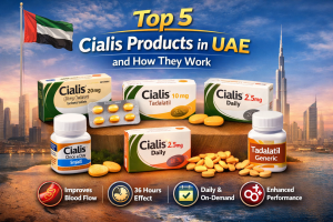 A promotional banner showing Top 5 Cialis products in UAE including Cialis 20mg, 10mg, 5mg daily, and generic Tadalafil with Dubai skyline background.