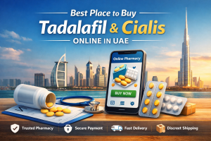 Digital banner showing “Best Place to Buy Tadalafil & Cialis Online in UAE” with UAE skyline background, online pharmacy concept on a smartphone, tablets, prescription items, and delivery symbols representing secure and discreet medicine ordering.