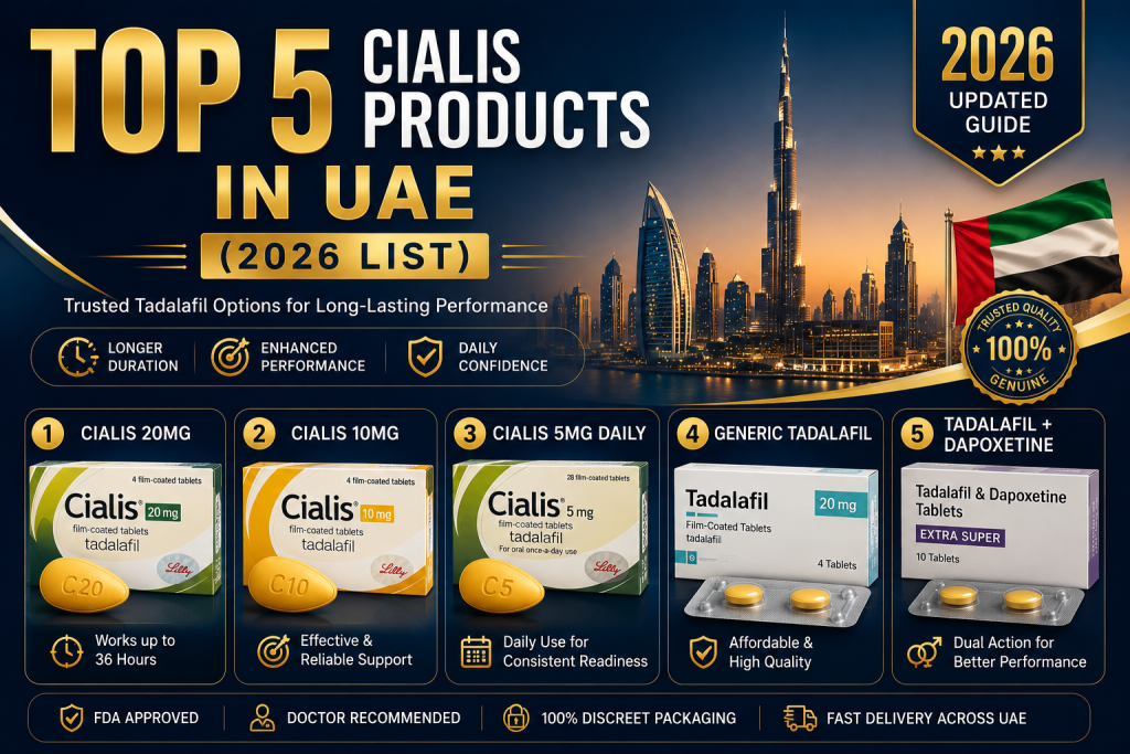 Top 5 Cialis Products in UAE 2026 list featuring Cialis 20mg, Cialis 10mg, Cialis 5mg Daily, Generic Tadalafil, and Tadalafil with Dapoxetine in a luxury UAE pharmacy-style banner design.